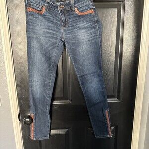 White House Black Market Skimmer Blue Jeans Faux Leather Trim Women 00 Zip Ankle